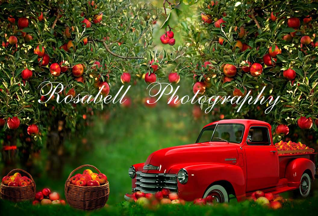 Kate Frühling Apfel Obstgarten roten LKW Hintergrund von Rosabell Fotografie - Kate Backdrop.de