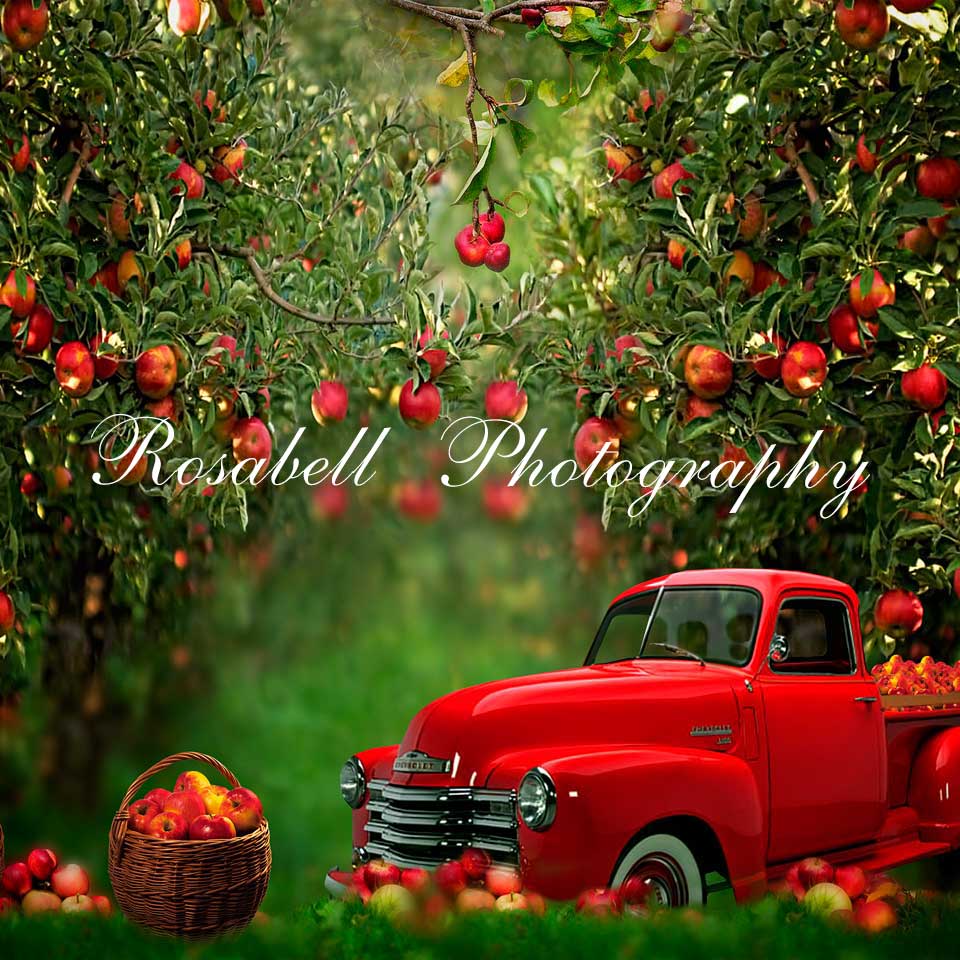 Kate Frühling Apfel Obstgarten roten LKW Hintergrund von Rosabell Fotografie - Kate Backdrop.de