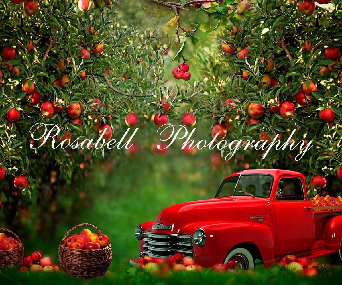 Kate Frühling Apfel Obstgarten roten LKW Hintergrund von Rosabell Fotografie - Kate Backdrop.de