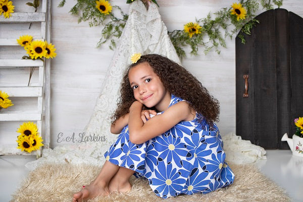 Kate Sonnenblumen und weißes Zelt-Hochzeits-Mädchen-Hintergrund für die Fotografie entworfen von Erin Larkins - Kate Backdrop.de