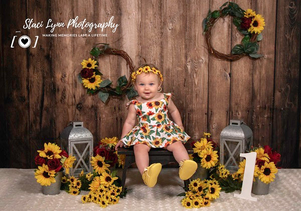 Kate Hochzeit Kinder Holzwand mit Sonnenblumen Hintergrund von Staci Lynn Photography entworfen - Kate Backdrop.de