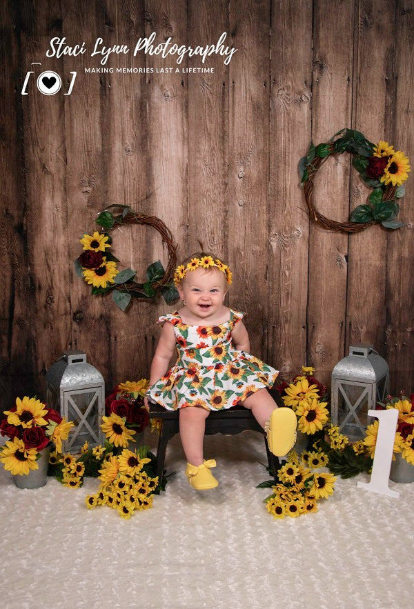 Kate Hochzeit Kinder Holzwand mit Sonnenblumen Hintergrund von Staci Lynn Photography entworfen - Kate Backdrop.de
