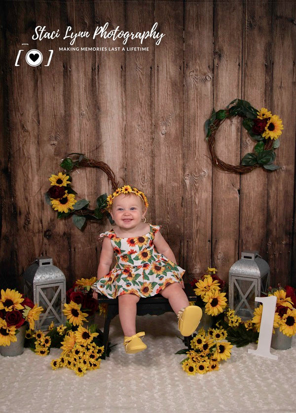 Kate Hochzeit Kinder Holzwand mit Sonnenblumen Hintergrund von Staci Lynn Photography entworfen - Kate Backdrop.de