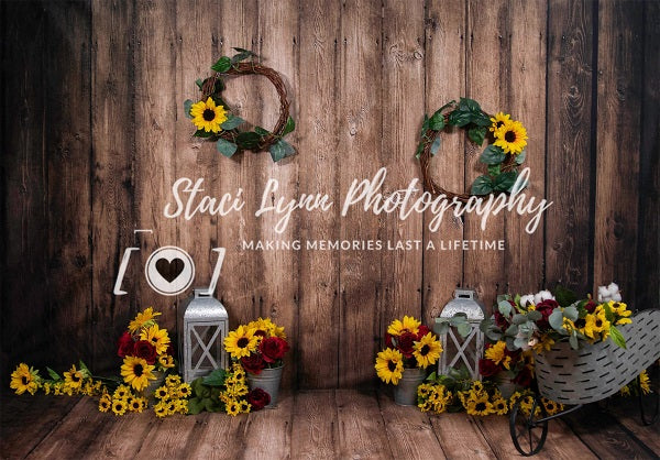 Kate Dark Wood mit Sonnenblumen-Kinderhintergrund Entworfen von Staci Lynn Photography - Kate Backdrop.de