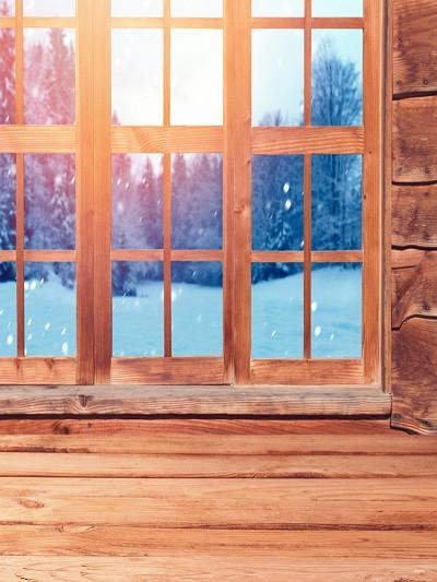Katebackdrop:Kate Window Photo Winter Outdoor Snow Scenery Wood Background Photography