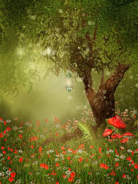 Katebackdrop£ºKate Summer Night Photo Backdrop Tree Glowworm Colorful Flowers Photo Backdrops