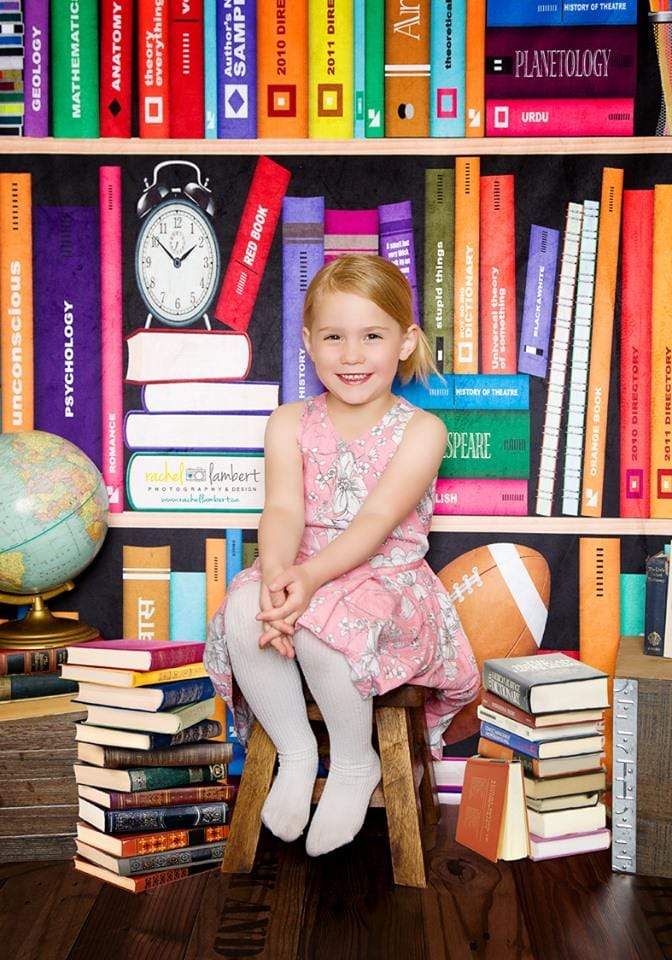 Kate Bücherregal Hintergrund Wecker bunte Bücher Schule buch Fotografie kinder - Kate Backdrop.de