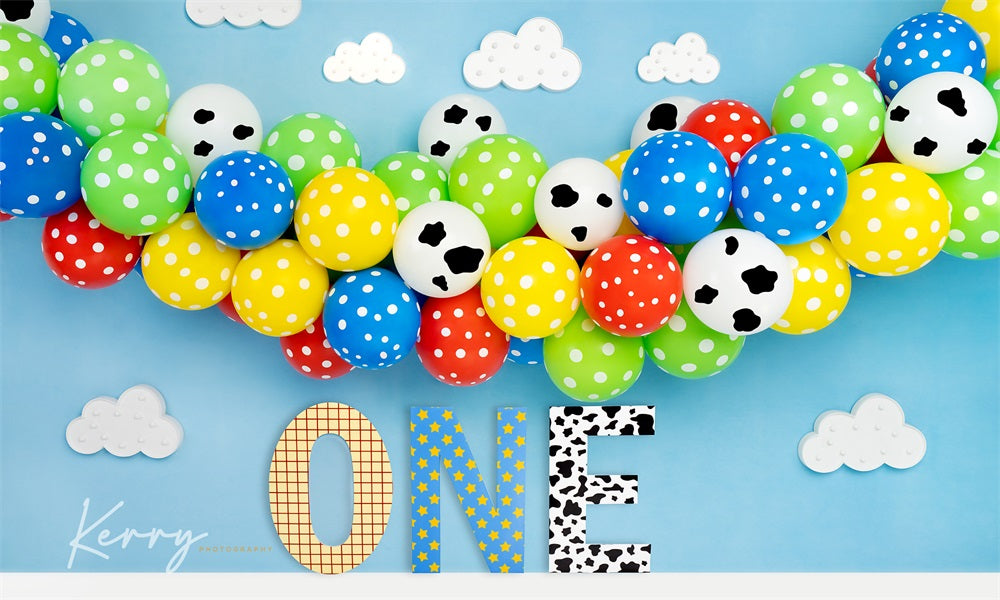 Kate Luftballons Wolken Hintergrund Junge Geburtstag für Fotografie von Kerry Anderson - Kate Backdrop.de