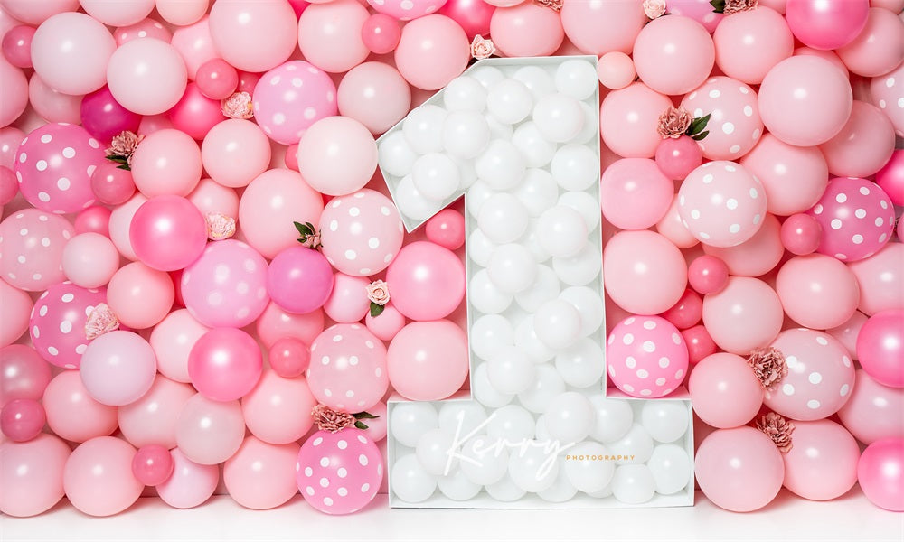 Kate Rosa Luftballons Wandhintergrund Erster Geburtstag Blumen für Fotografie von Kerry Anderson - Kate Backdrop.de