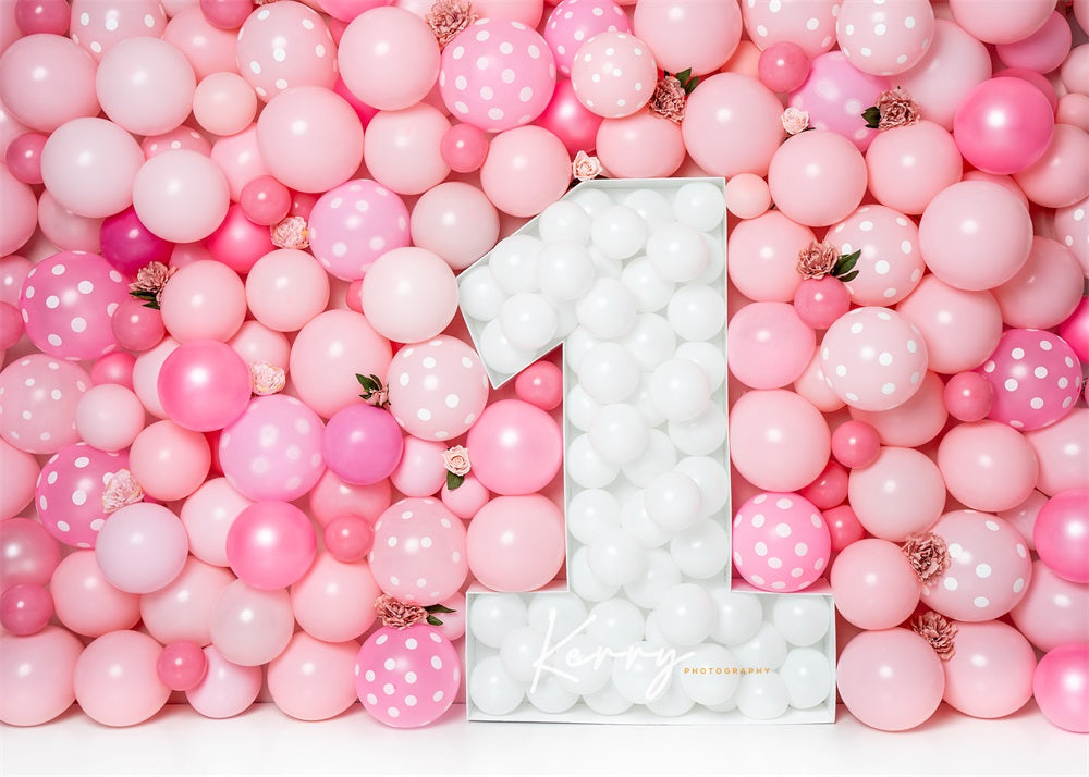 Kate Rosa Luftballons Wandhintergrund Erster Geburtstag Blumen für Fotografie von Kerry Anderson - Kate Backdrop.de