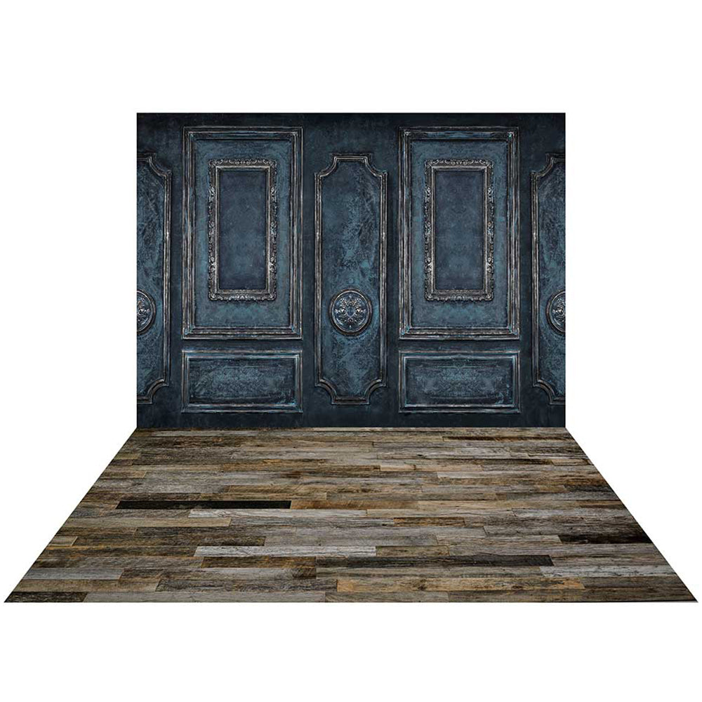 Kate Retro Deep Blue Wall Tür Hintergrund+Vintage Dark Wood Gummibodenmatte