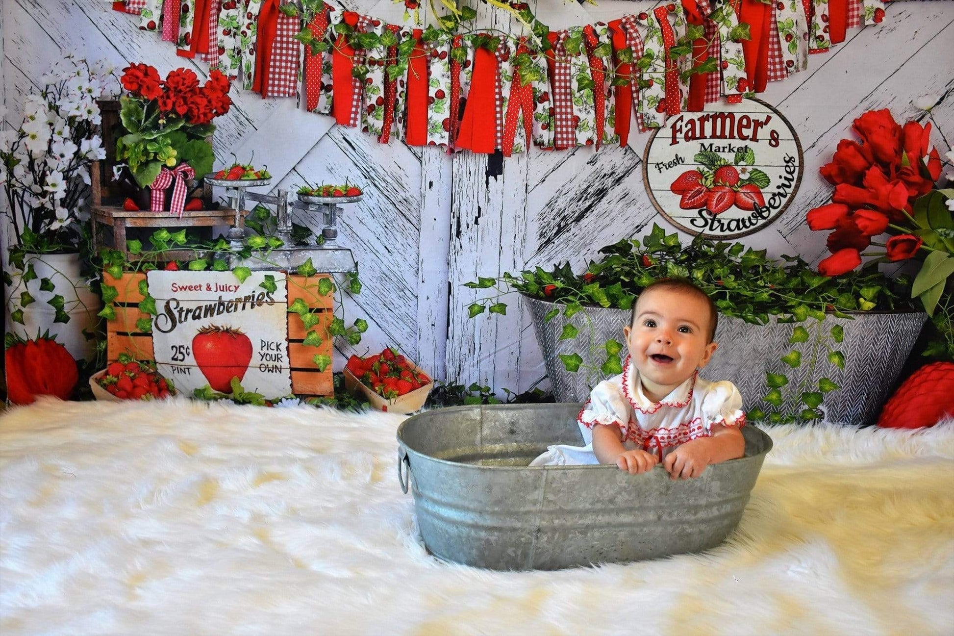 Kate Sommer Erdbeere Weißes Holzbrett mit Bannern Hintergrund - Kate Backdrop.de