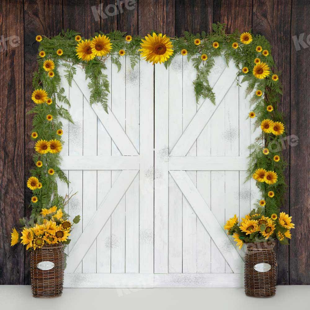 Kate Herbst Sonnenblumen Hintergrund weißes Scheunentor von Emetselch - Kate Backdrop.de