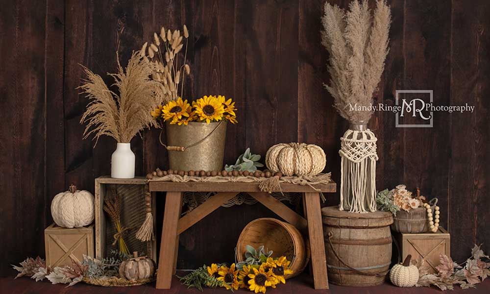 Kate Boho Herbst Sonnenblumen Hintergrund Holz von Mandy Ringe Photography - Kate Backdrop.de