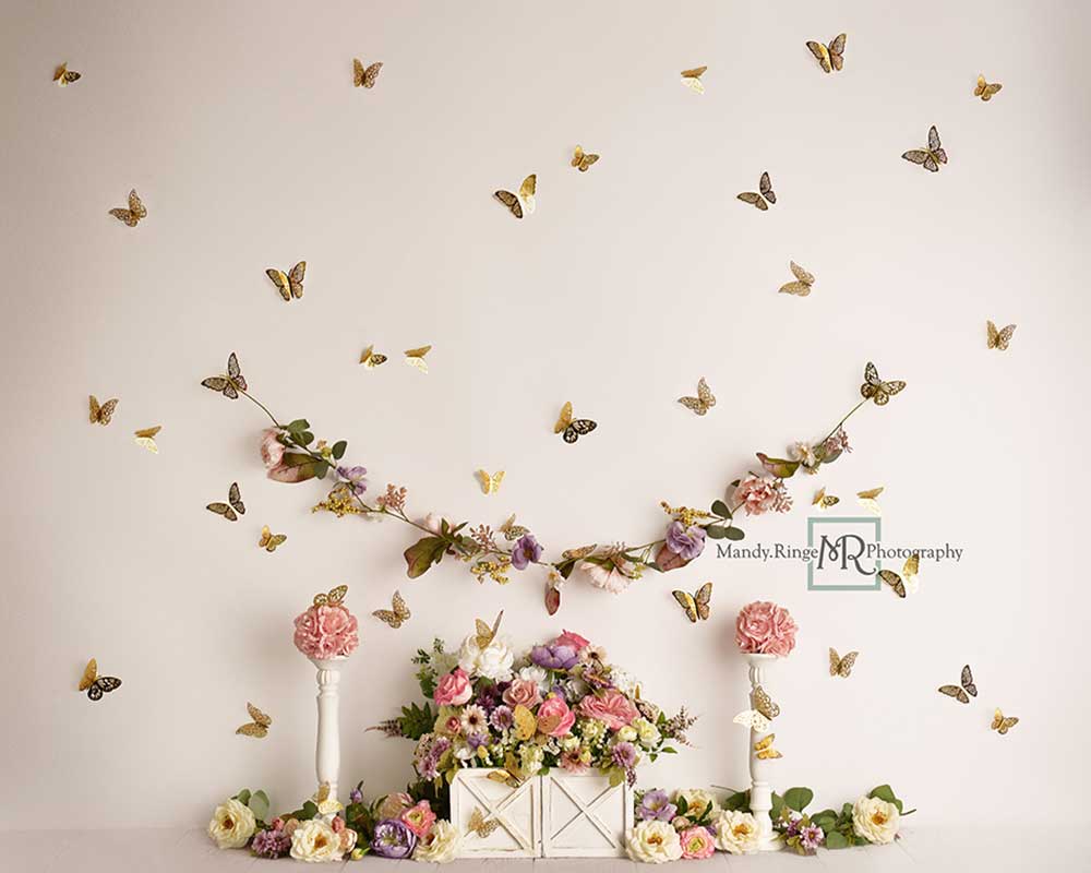 Kate Frühling Blumen Schmetterling Garten Hintergrund von Mandy Ringe Photography - Kate Backdrop.de