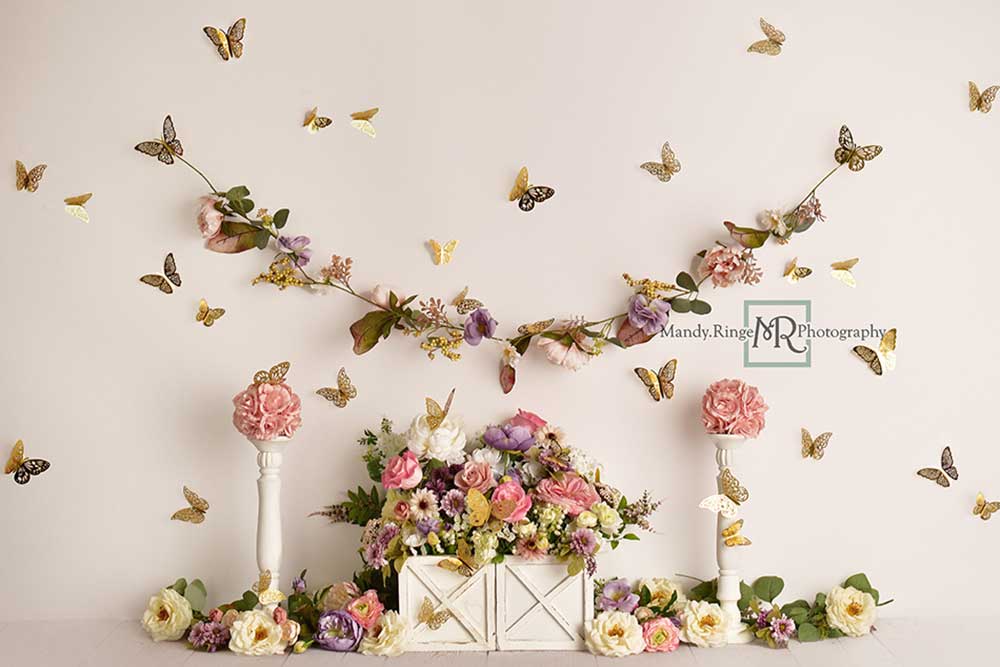 Kate Frühling Blumen Schmetterling Garten Hintergrund von Mandy Ringe Photography - Kate Backdrop.de