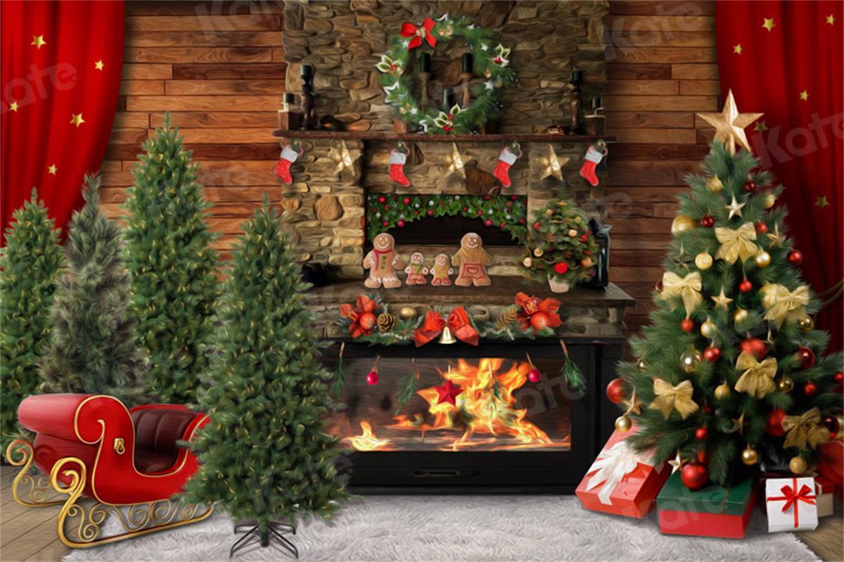 Kate Weihnachten Weihnachtsbaum Kamin Hintergrund für Fotografie rot - Kate Backdrop.de
