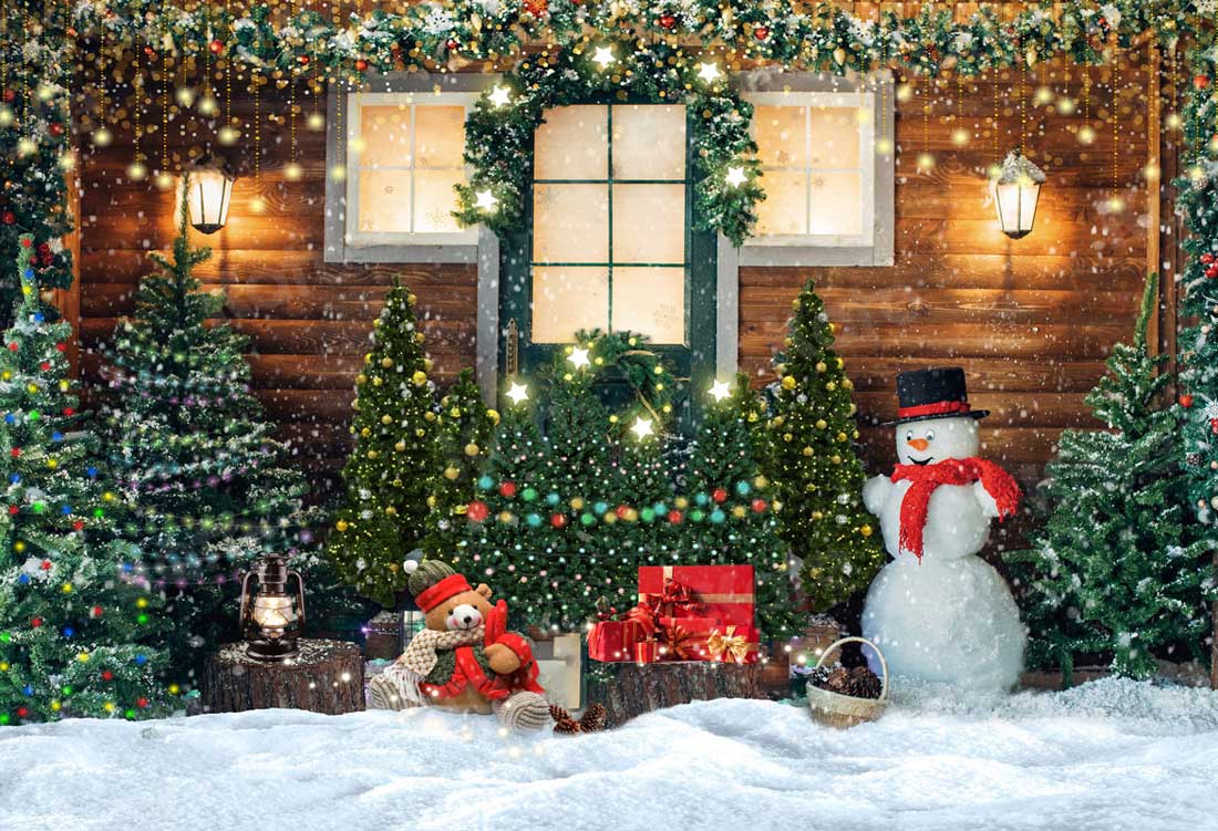 Kate Weihnachten Holzhaus Winter Schneemann Hintergrund für Fotografie