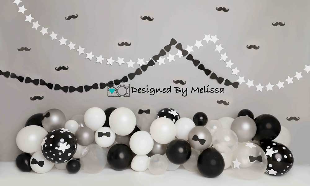 Kate Krawatte Schnurrbart Geburtstag Hintergrund Schwarzweiß von Melissa King - Kate Backdrop.de