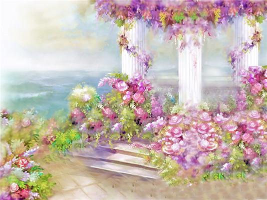 Katebackdrop:Kate Pink Flower Building Hand Painting Backdrop
