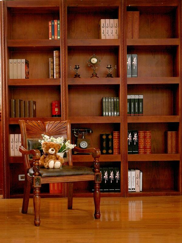 Katebackdrop:Kate bookshelf children backdrop with the teddy bear sitting in the chair