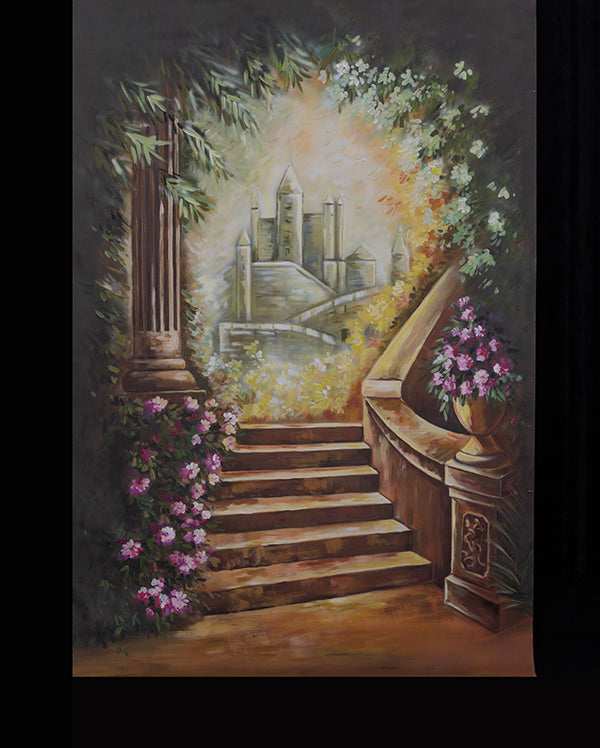 Kate HandgemalteSchloss Treppen Blumen Hintergrund
