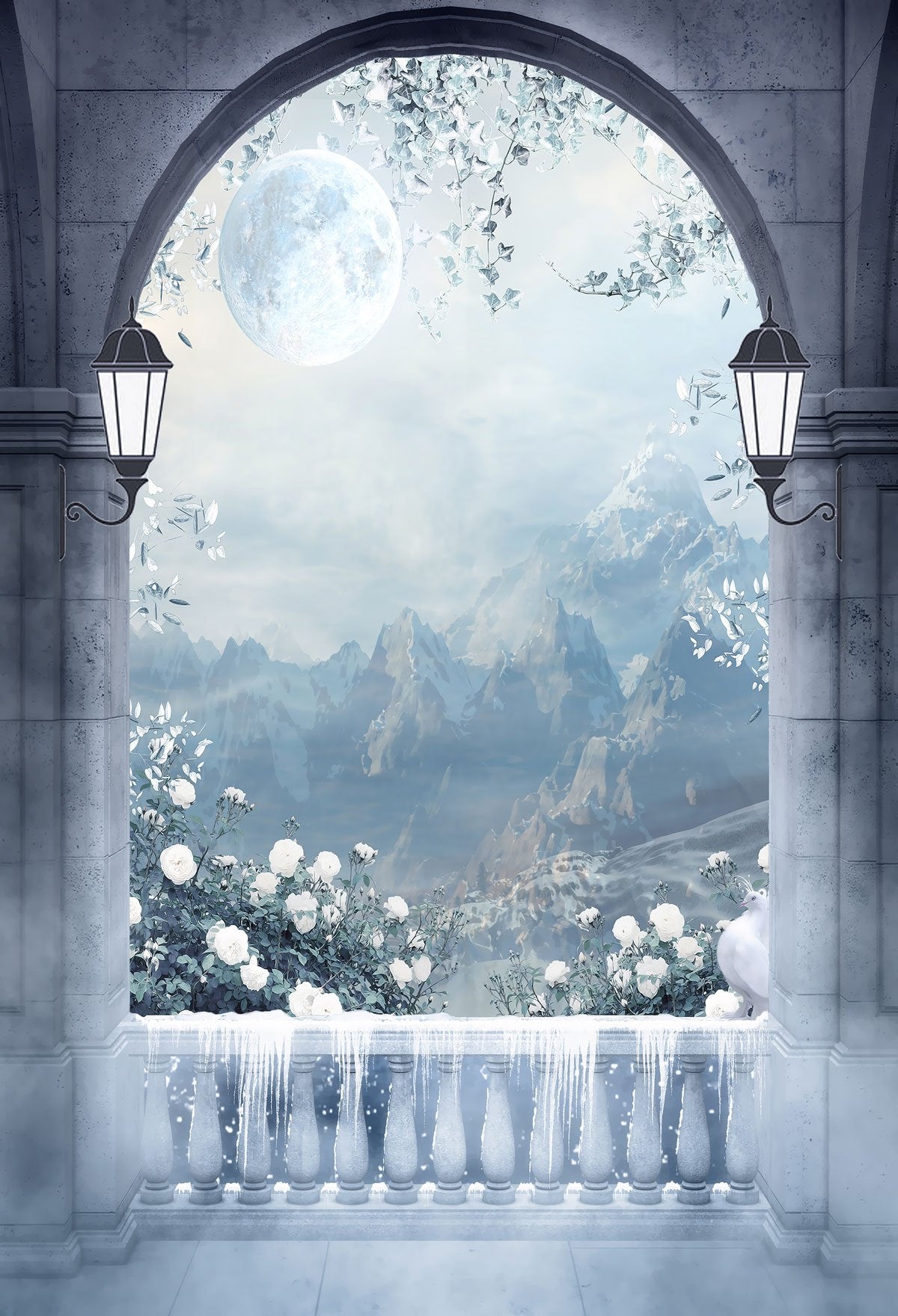 Kate Winter Berg Mond gewölbte Tür Schnee Hintergrund Wand von JFCC - Kate Backdrop.de