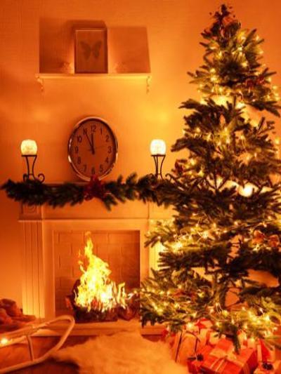 Katebackdrop:Kate Christmas Theme Tree Fireplace Clock Gifts Background