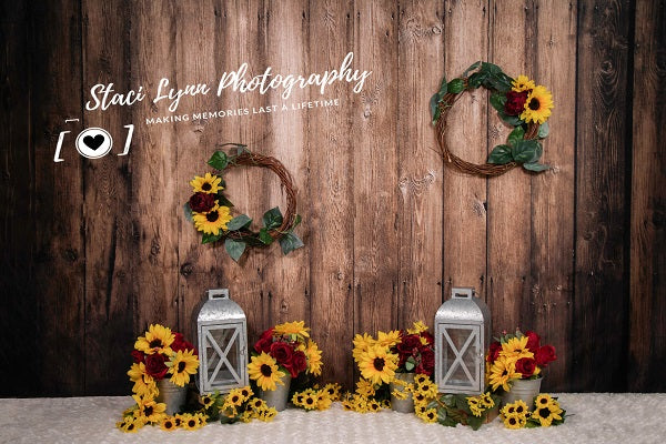 Kate Hochzeit Kinder Holzwand mit Sonnenblumen Hintergrund von Staci Lynn Photography entworfen - Kate Backdrop.de