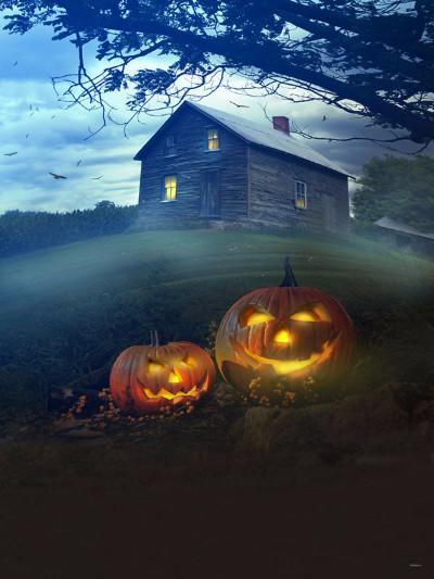 Katebackdrop:Kate Halloween Photography Backdrop House Light Pumpkin Lantern