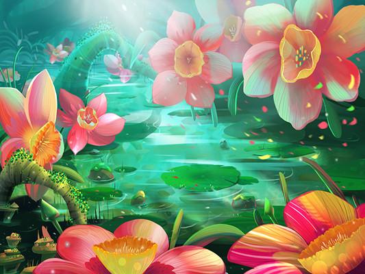 Katebackdrop:Kate Lotus Pond Comic Colorful Flower Backdrop For Children