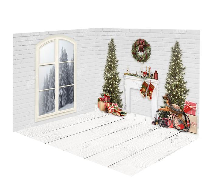 Kate Weißer Backstein-Wand- und Bodenfenster-Satz des Weihnachtskamins Weihnachten - Kate Backdrop.de