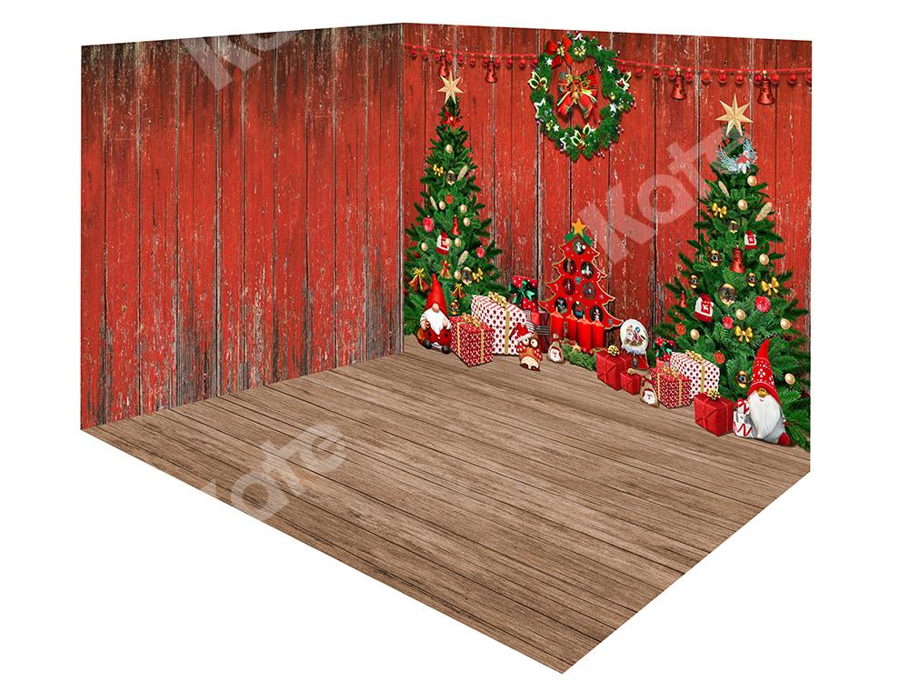 Kate Weihnachten Bäume Holz rote Wand Hintergrund Zimmer - Kate Backdrop.de
