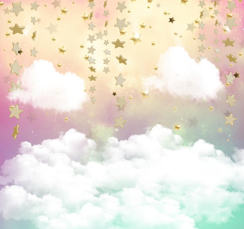 Katebackdrop:Kate Twinkle Sky Cloud rainbow with the gold stars cake smash backdrop