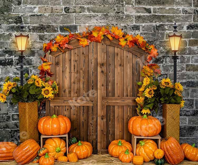 Kate Herbst Kürbis Hintergrund Backstein Scheunentor von Emetselch - Kate Backdrop.de