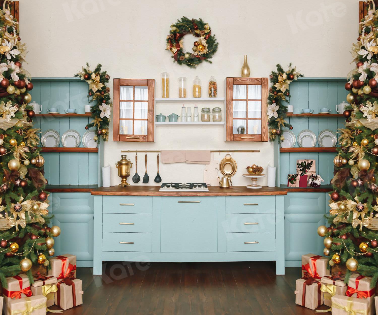 Kate Weihnachten Küche Schrank Hintergrund Blau für Fotografie - Kate Backdrop.de