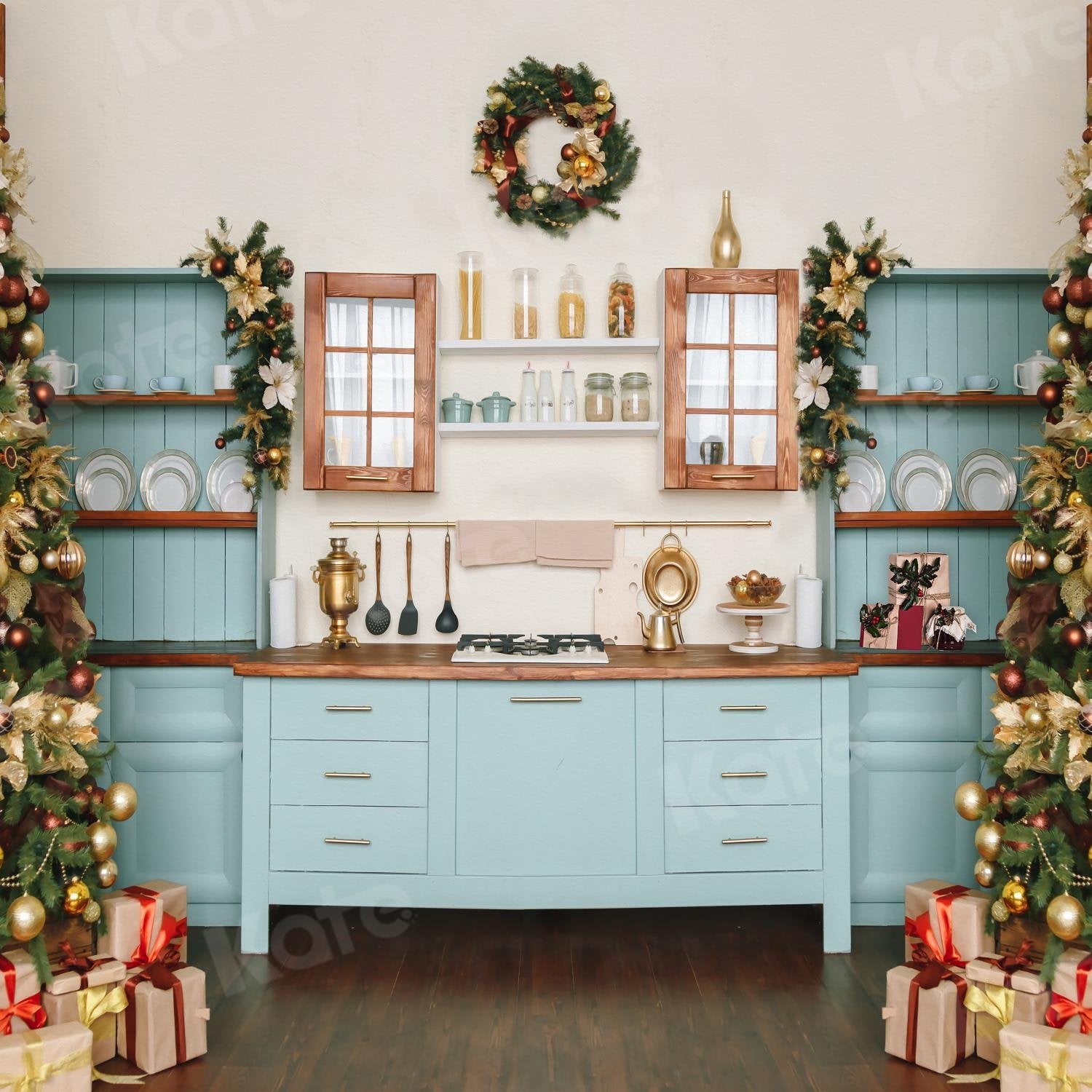 Kate Weihnachten Küche Schrank Hintergrund Blau für Fotografie - Kate Backdrop.de
