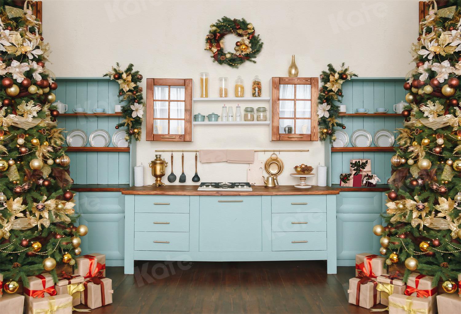 Kate Weihnachten Küche Schrank Hintergrund Blau für Fotografie - Kate Backdrop.de