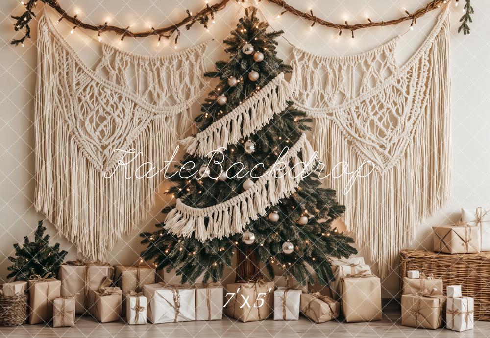 Kate Weihnachten Weihnachtsbaum Makramee Beige Hintergrund Entworfen von Ashley Paul - Kate Backdrop.de