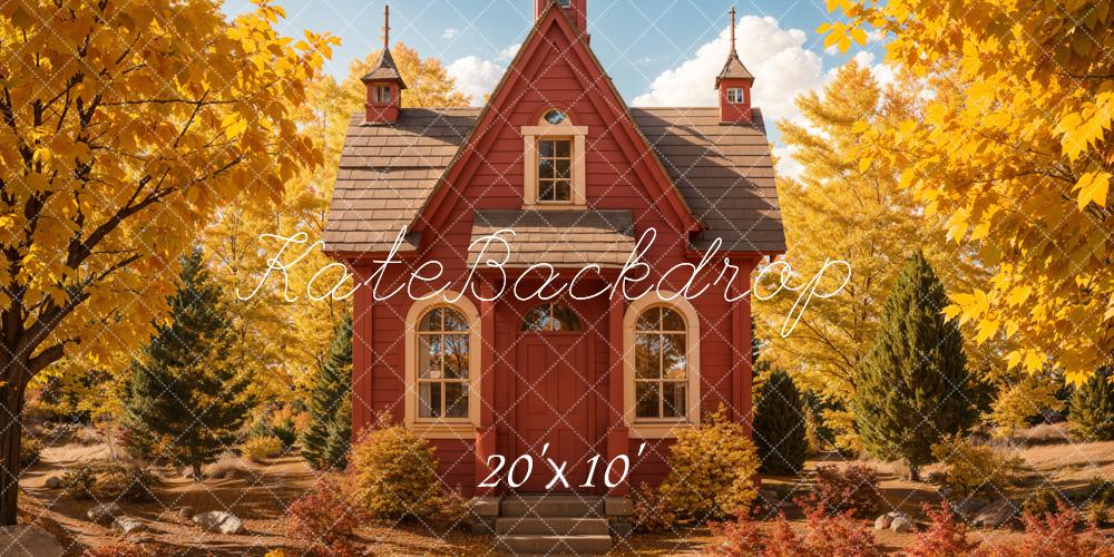 Kate Herbst Rotes Haus Goldene Blätter Hintergrund Entworfen von Emetselch - Kate Backdrop.de