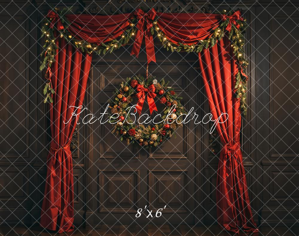 Kate Weihnachten Tür Kranz Rote Vorhänge Fleece Hintergrund Entworfen von Emetselch - Kate Backdrop.de