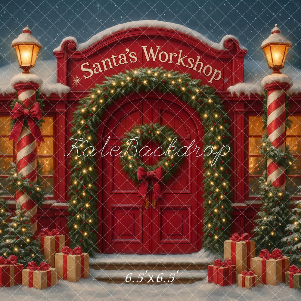Kate Weihnachten Werkstatt Geschenke Schnee Hintergrund Entworfen von Ashley Paul - Kate Backdrop.de