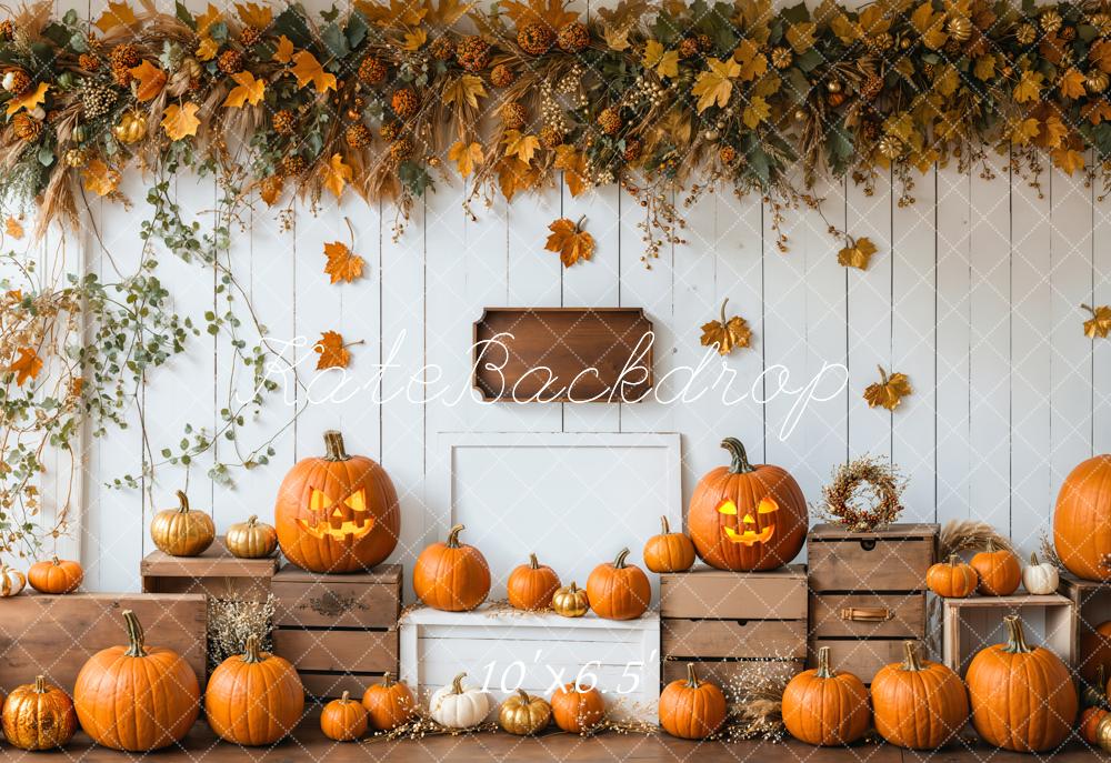Kate Halloween Kürbisse Holzkisten Herbstlaub Fleece Hintergrund Entworfen von Emetselch