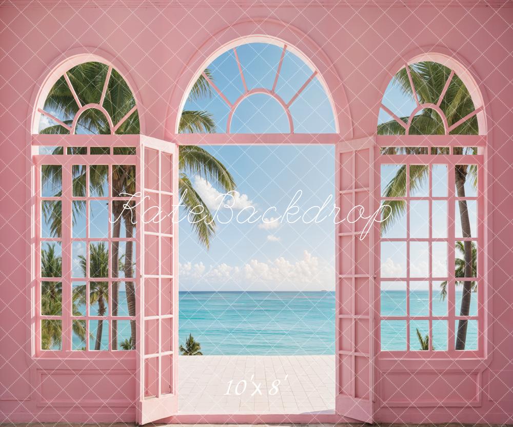 Kate Sommer Palmen Meerblick Rosa Fenster Hintergrund Entworfen von Emetselch - Kate Backdrop.de
