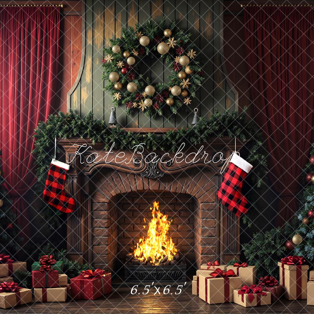 Kate Weihnachten Kamin Tannenbaum Rot Hintergrund Entworfen von Mini MakeBelieve - Kate Backdrop.de