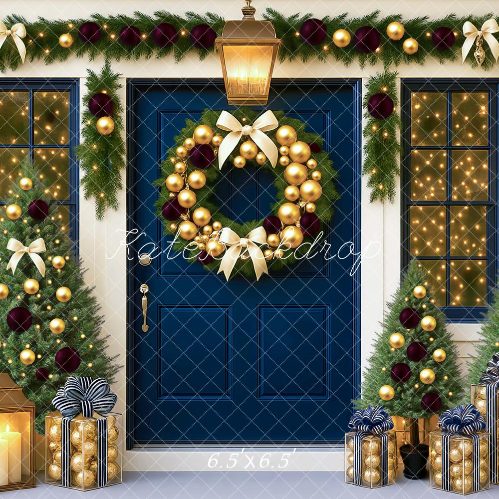 Kate Weihnachten Blaue Tür Geschenke Girlande Hintergrund Entworfen von Mini MakeBelieve - Kate Backdrop.de