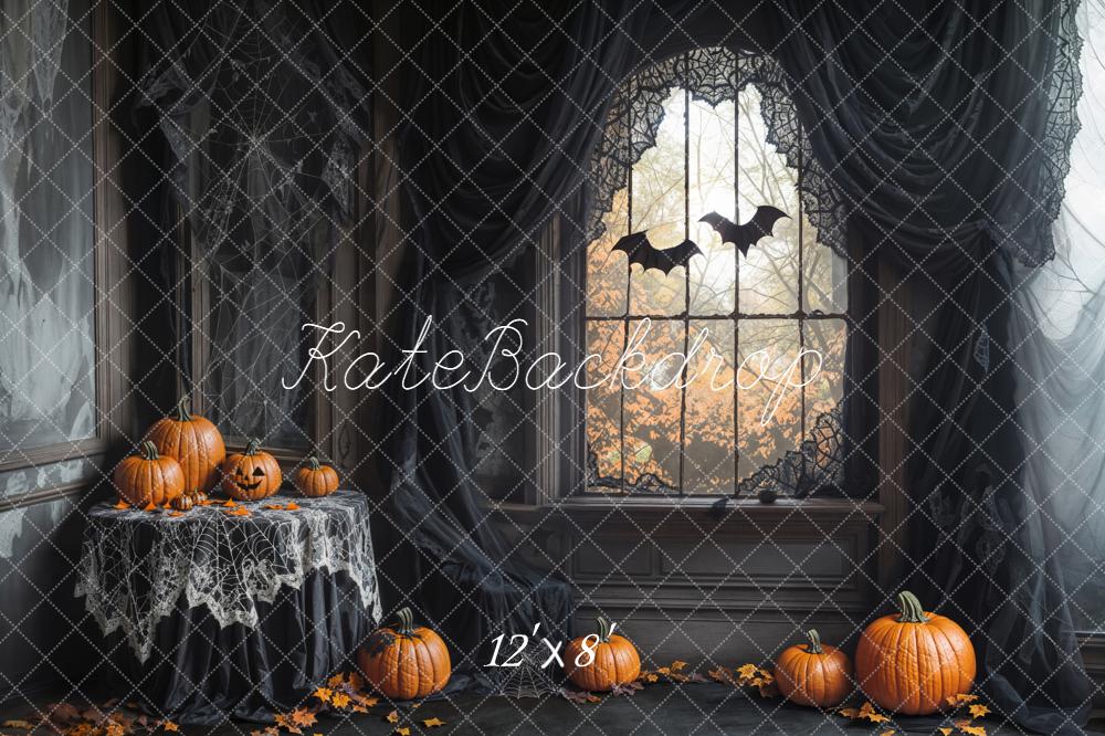 Kate Halloween Kürbis Fenster Spinnennetz Hintergrund Entworfen von Emetselch - Kate Backdrop.de