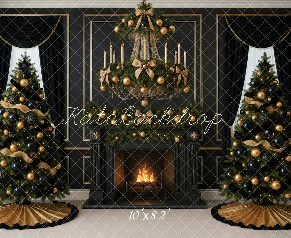 Kate Weihnachten Kamin Tannenbäume Schwarz Gold Hintergrund Entworfen von Ashley Paul - Kate Backdrop.de