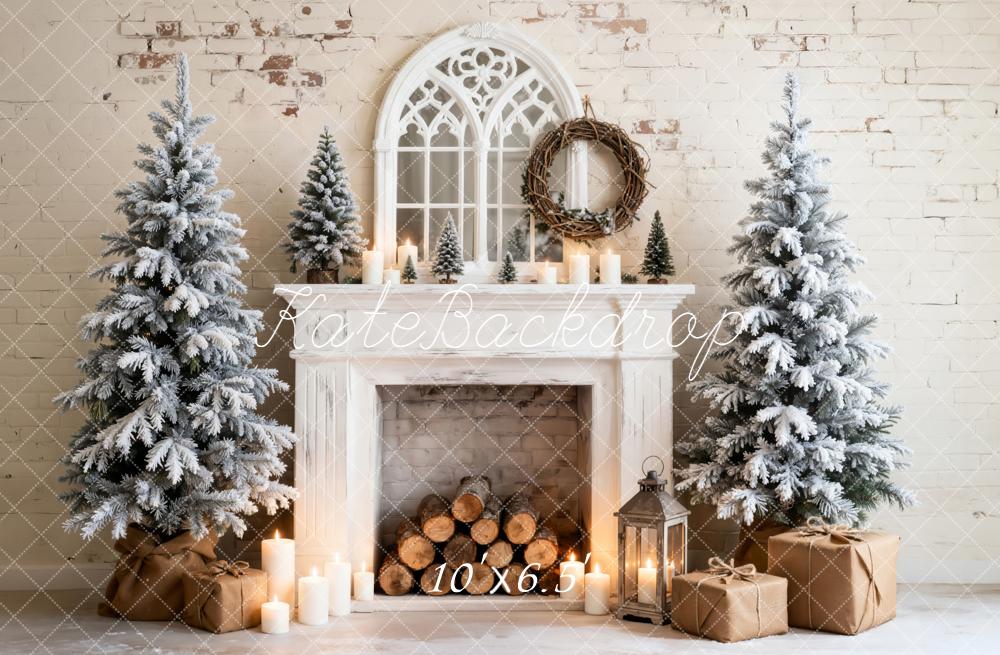 Kate Weihnachten Kamin Schneebedeckte Bäume Weiß Hintergrund Entworfen von Emetselch - Kate Backdrop.de