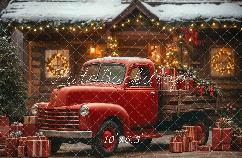Kate Weihnachten Roter LKW Geschenkboxen Rustikal Fleece Hintergrund Entworfen von Emetselch - Kate Backdrop.de